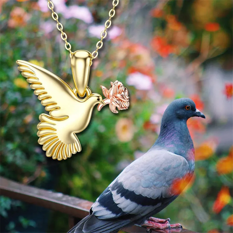 14K Gold Dove Bird Necklace, Rose Flower Necklace Flying Pigeon Pendant Necklace,16 1 1inches Chain Jewelry for Women and Girls