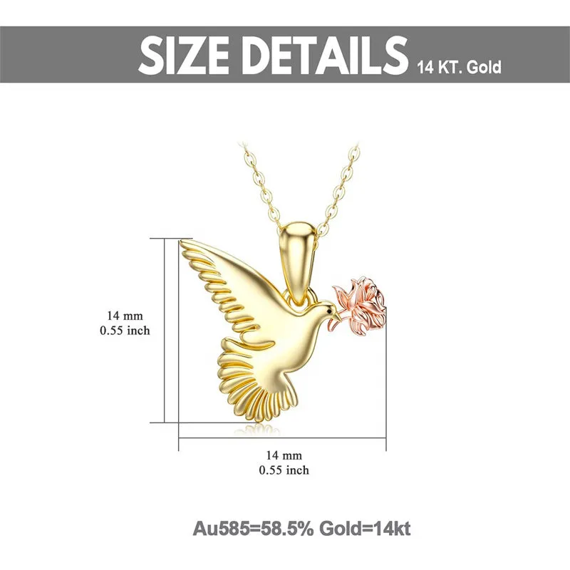 14K Gold Dove Bird Necklace, Rose Flower Necklace Flying Pigeon Pendant Necklace,16 1 1inches Chain Jewelry for Women and Girls