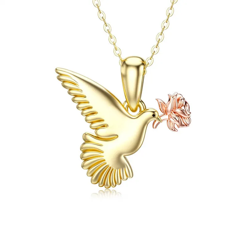 14K Gold Dove Bird Necklace, Rose Flower Necklace Flying Pigeon Pendant Necklace,16 1 1inches Chain Jewelry for Women and Girls