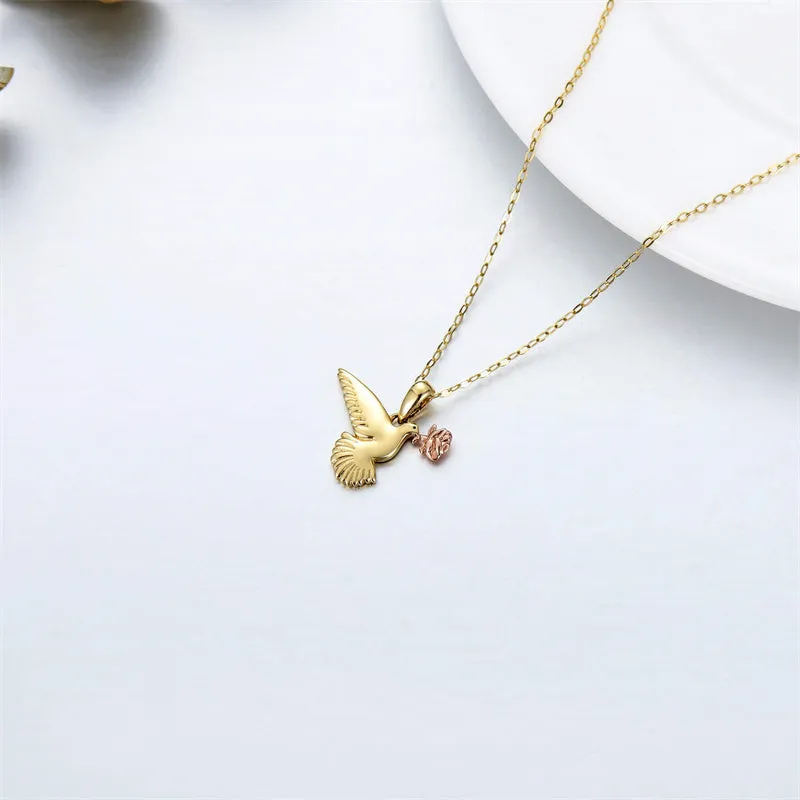 14K Gold Dove Bird Necklace, Rose Flower Necklace Flying Pigeon Pendant Necklace,16 1 1inches Chain Jewelry for Women and Girls