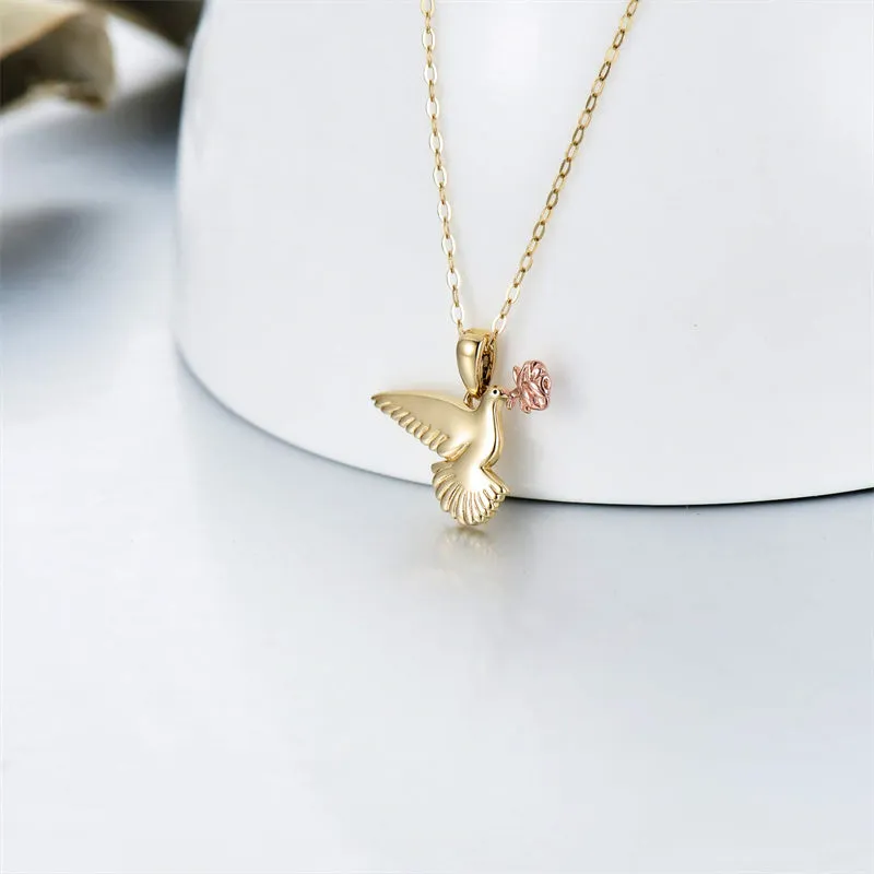 14K Gold Dove Bird Necklace, Rose Flower Necklace Flying Pigeon Pendant Necklace,16 1 1inches Chain Jewelry for Women and Girls