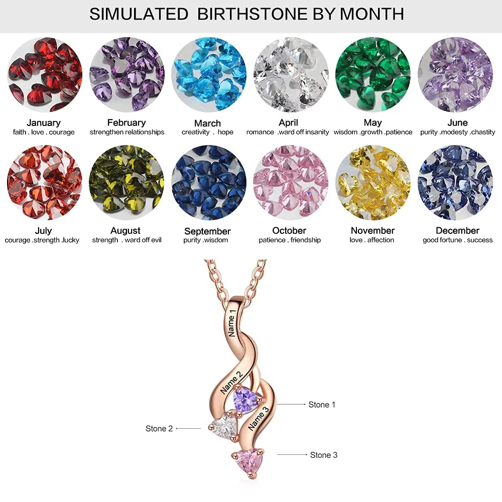 3 Birthstone Shooting Hearts Pendant Personalized Mothers Necklace - 3 Stone