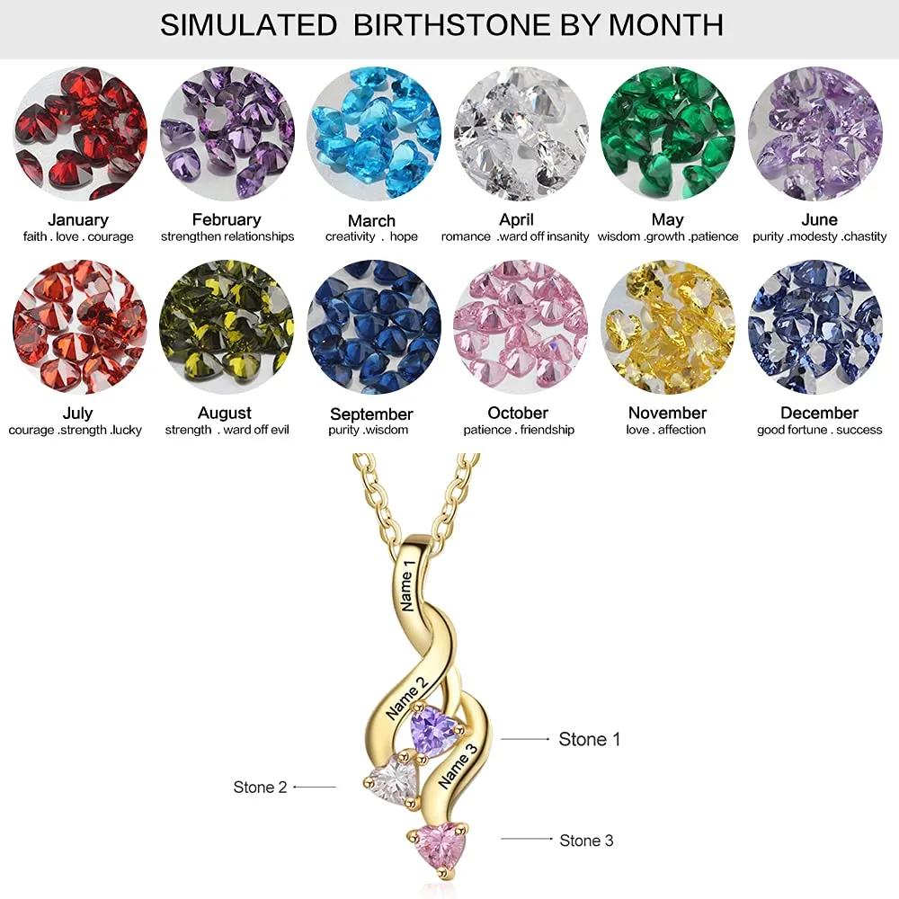 3 Birthstone Shooting Hearts Pendant Personalized Mothers Necklace - 3 Stone