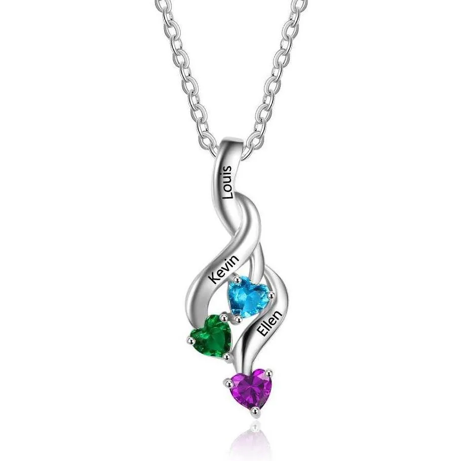 3 Birthstone Shooting Hearts Pendant Personalized Mothers Necklace - 3 Stone