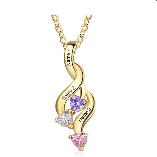 3 Birthstone Shooting Hearts Pendant Personalized Mothers Necklace - 3 Stone