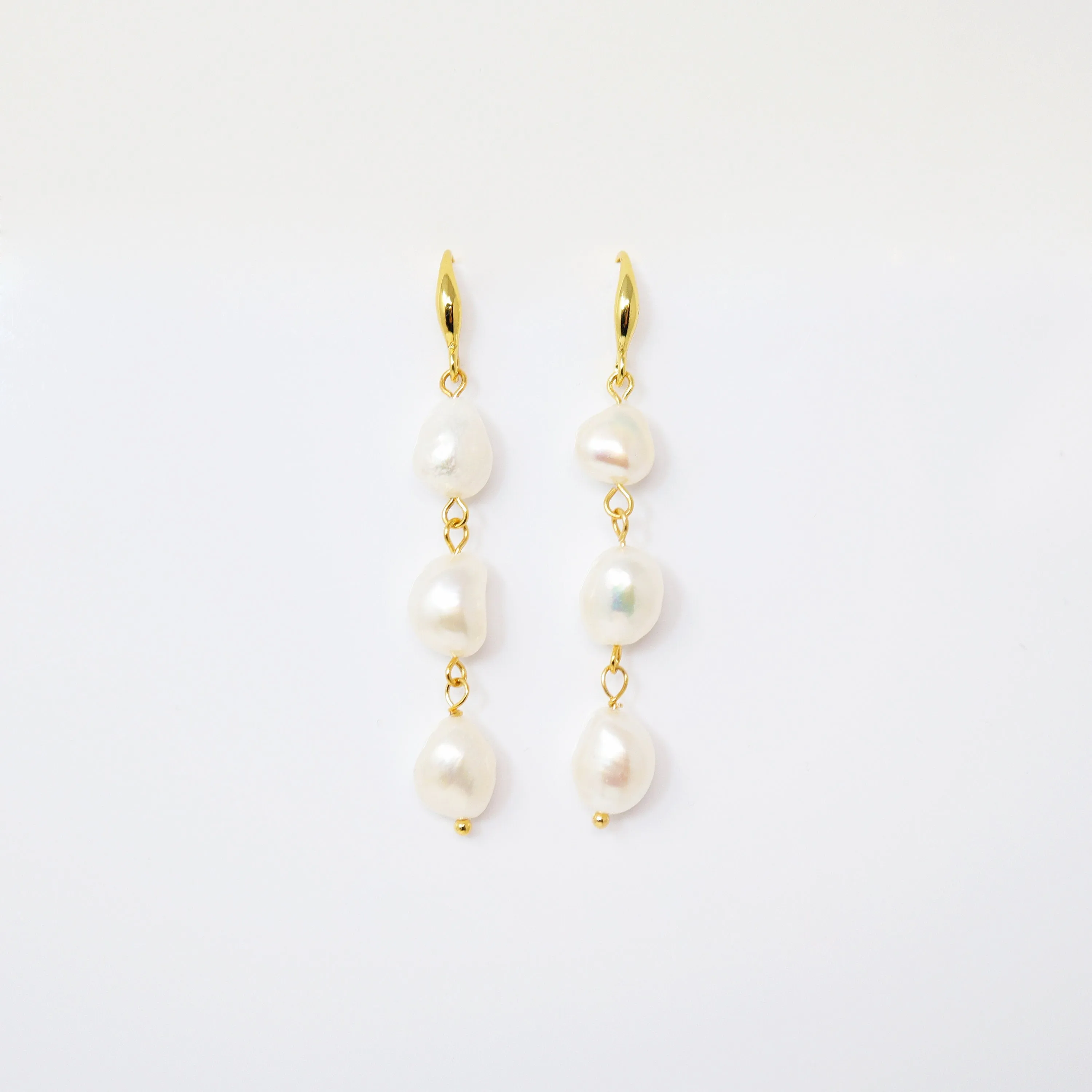 3 Freshwater Cultured pearl Bezel Hook Earrings, Long Bridal Jewelry, Gold Pearl Bridal Earrings, Statement Earrings.