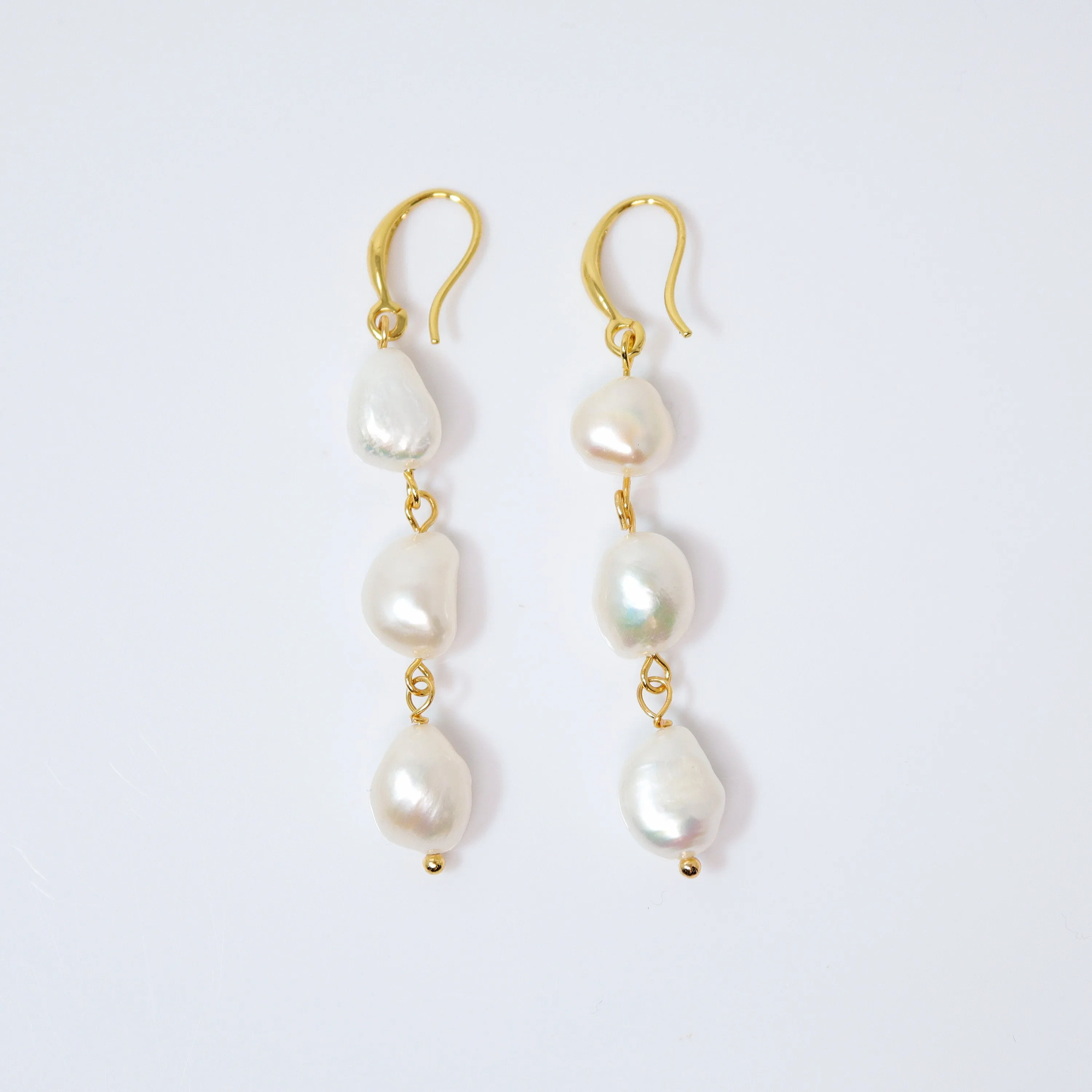 3 Freshwater Cultured pearl Bezel Hook Earrings, Long Bridal Jewelry, Gold Pearl Bridal Earrings, Statement Earrings.