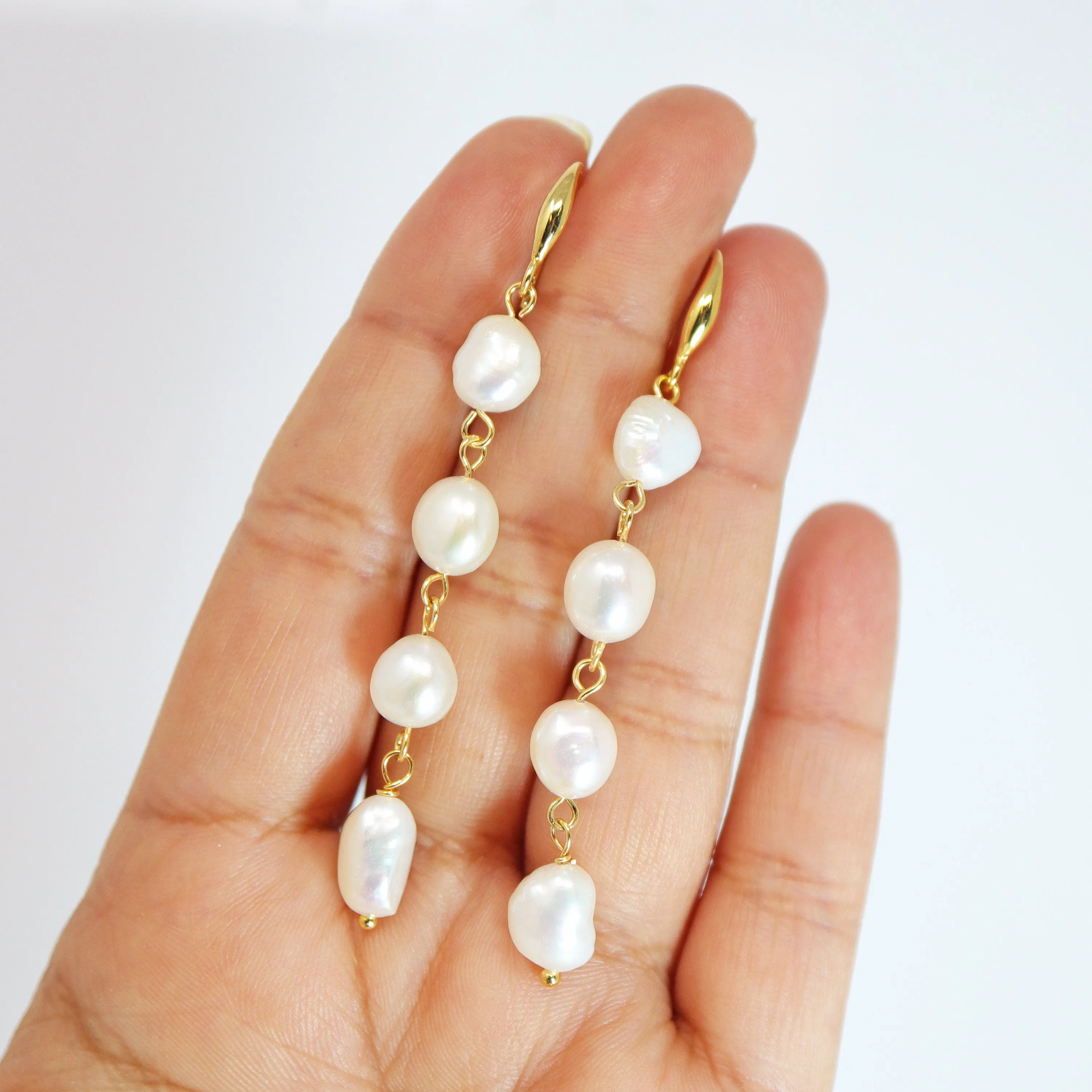 4 Freshwater Cultured pearl Bezel Hook Earrings, Long Bridal Jewelry, Gold Pearl Bridal Earrings, Statement Earrings.