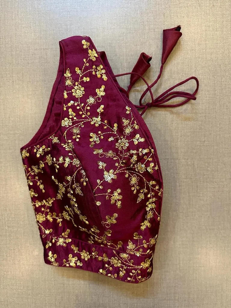 50V465-RO Dark Magenta Sleeveless Blouse With Sequin Embroidery