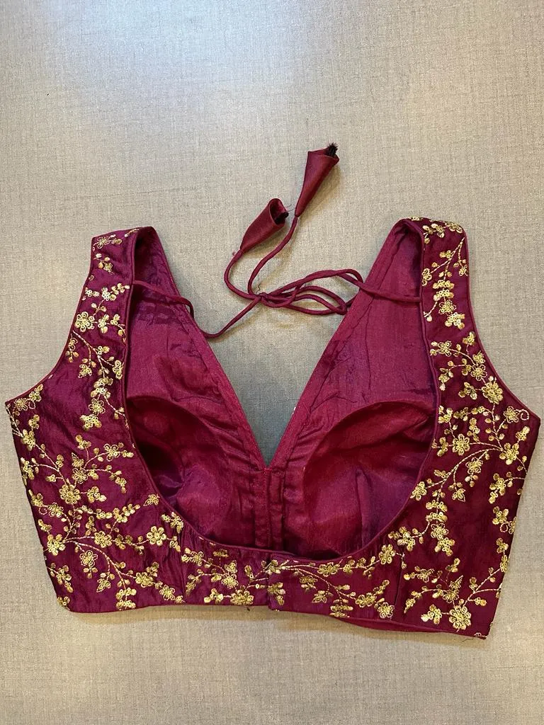 50V465-RO Dark Magenta Sleeveless Blouse With Sequin Embroidery