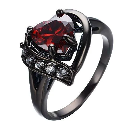 7mm Heart-Shaped Red Lab Ruby Stone with Cubic Zirconia Black-Rhodium-Plated Promise Ring