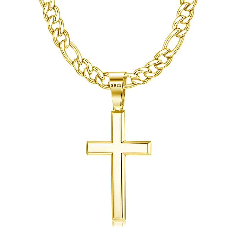 925 Sterling Silver Cross Pendant Necklace for Men Women 5mm Stainless Steel Diamond-Cut Durable Figaro Chain Necklace