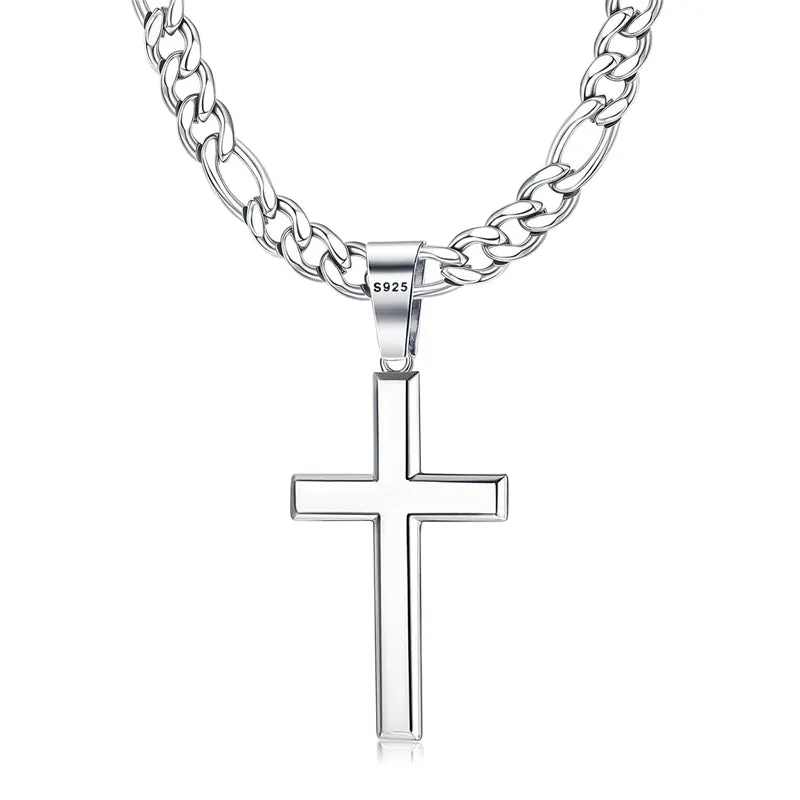 925 Sterling Silver Cross Pendant Necklace for Men Women 5mm Stainless Steel Diamond-Cut Durable Figaro Chain Necklace