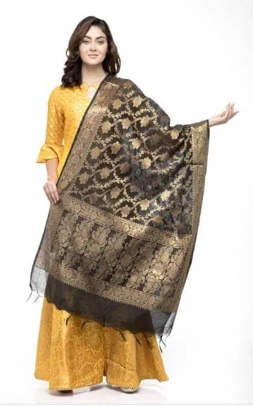 A R Silk Women's Chanderi Zari Embroidery Black Fancy Dupatta