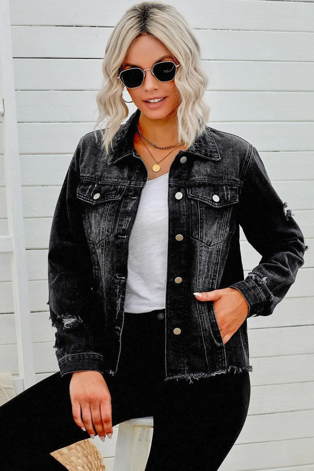 Alyssa Distressed Raw Hem Denim Jacket