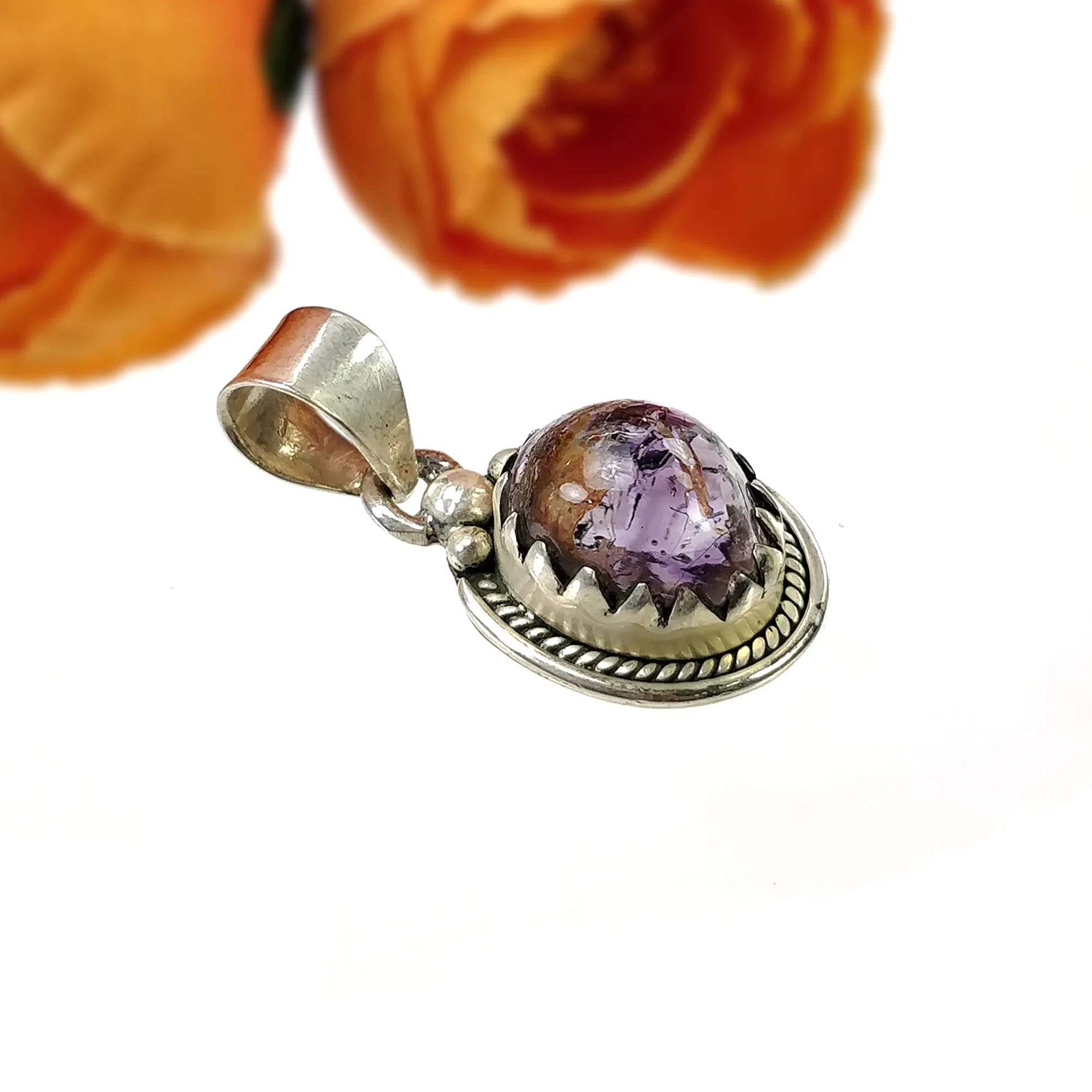 AMETHYST Gemstone 925 Sterling Silver Pendant : 5.490gms Natural Untreated Purple Amethyst Cabochon Bezel Set Pendant 1.25"