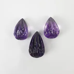 Amethyst Gemstone Carving : 102.30cts Natural Untreated Purple Amethyst Hand Carved Tear Drops 23mm - 27mm 3pcs