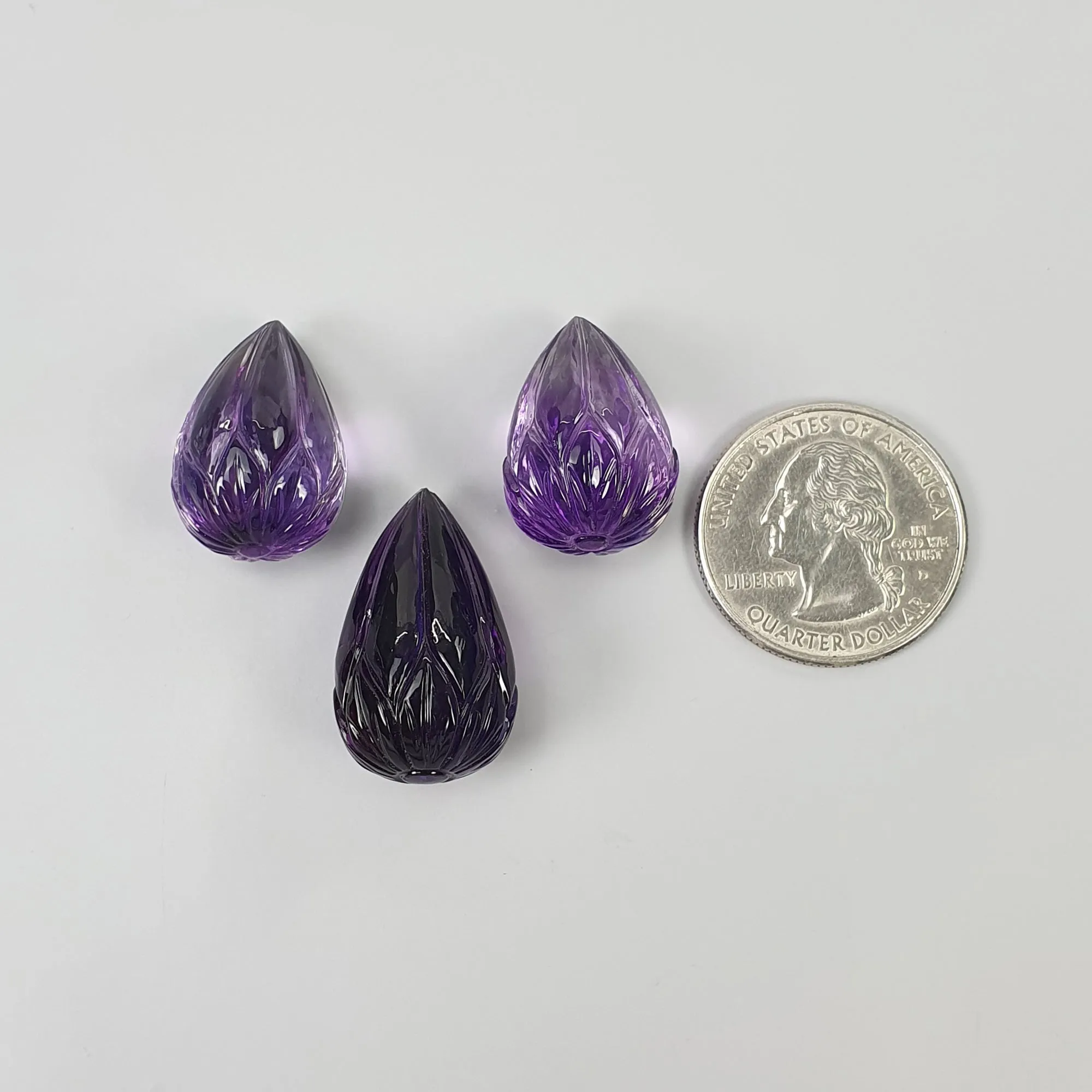 Amethyst Gemstone Carving : 102.30cts Natural Untreated Purple Amethyst Hand Carved Tear Drops 23mm - 27mm 3pcs