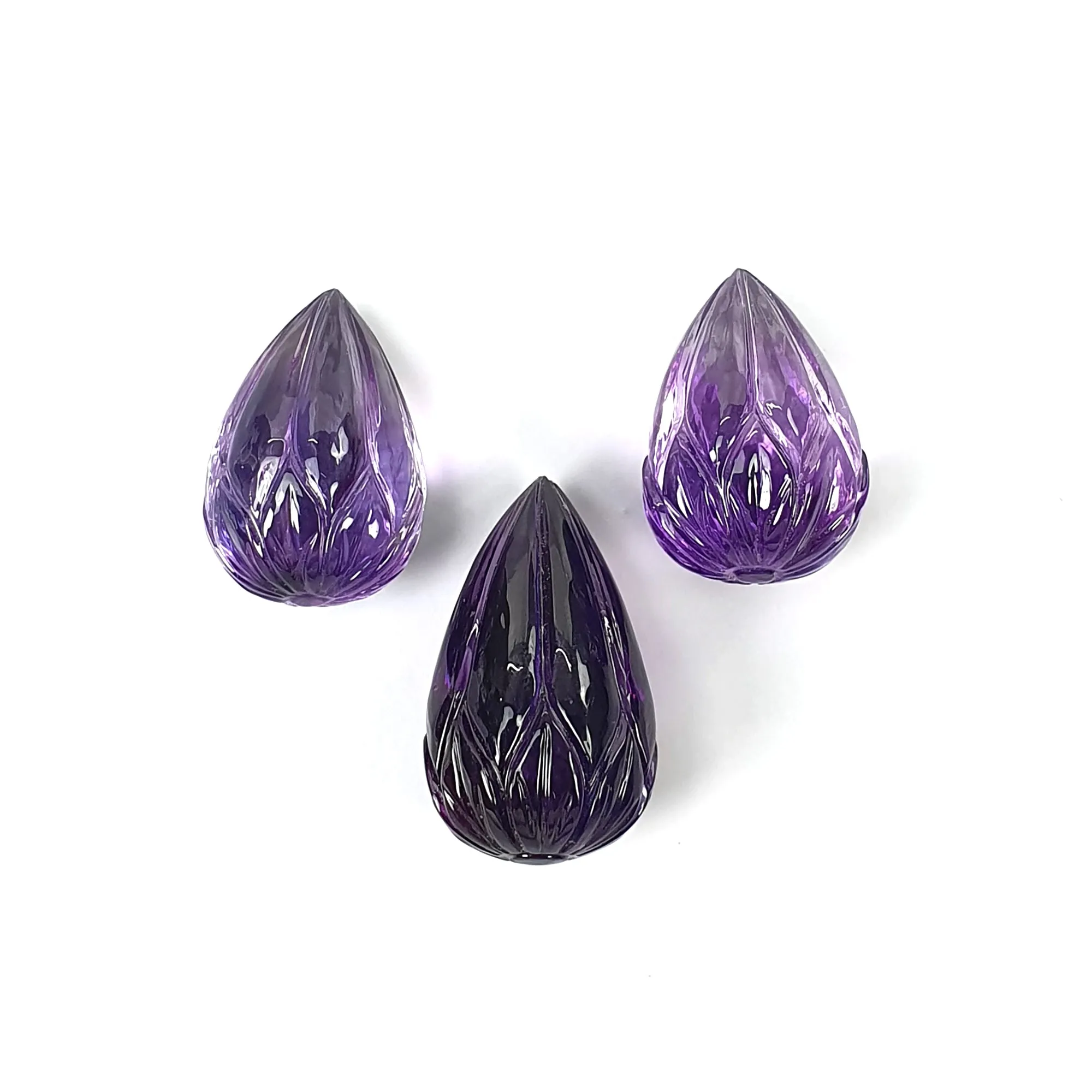 Amethyst Gemstone Carving : 102.30cts Natural Untreated Purple Amethyst Hand Carved Tear Drops 23mm - 27mm 3pcs