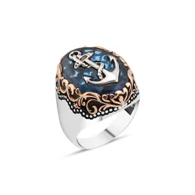 Anchor on Blue Ellipse Synthetic Amber Stone Silver Men's Ring with Wavy Top Pattern Around