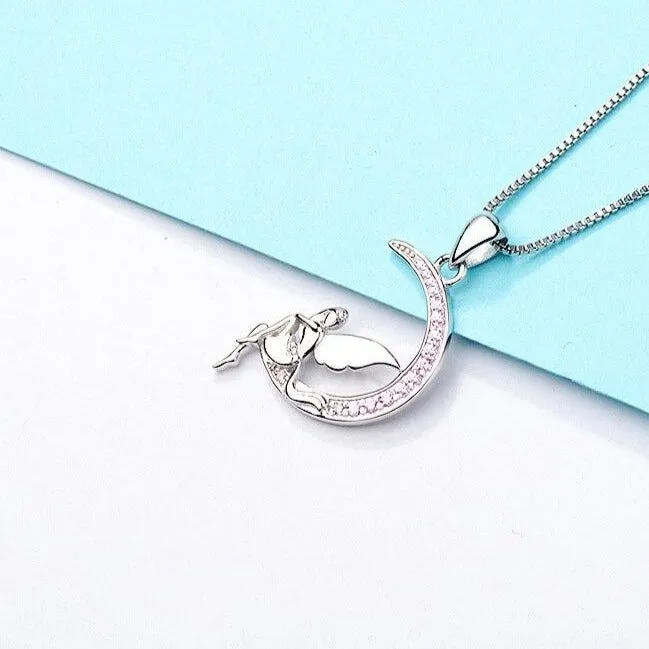 Angel with Back Against the Pink Cubic Zirconia Crescent Moon 925 Sterling Silver Pendant Necklace