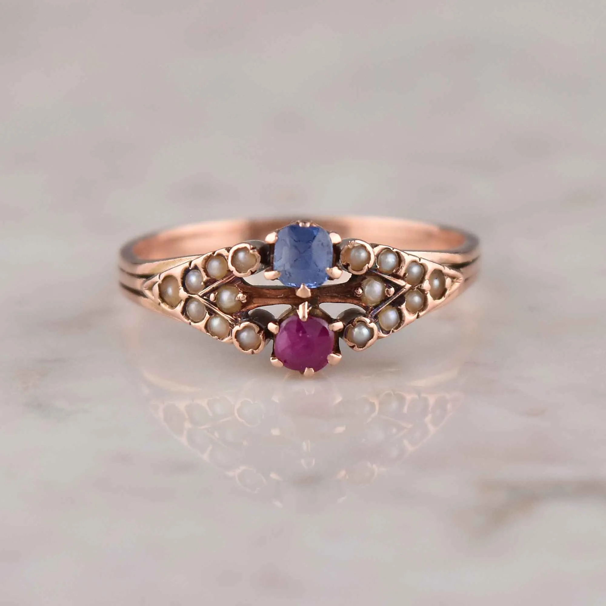 Antique Victorian 14K Rose Gold Pearl Ruby Sapphire Ring