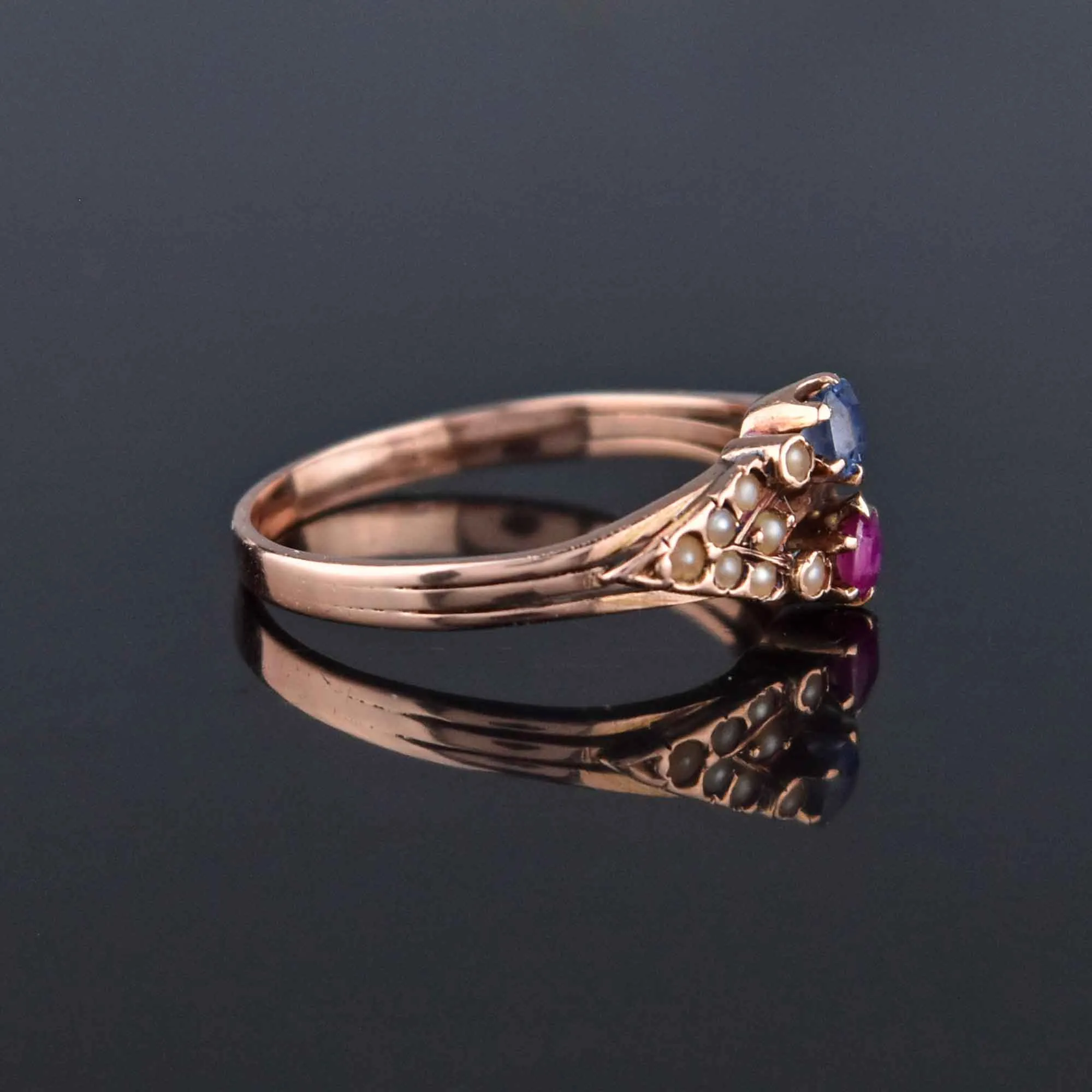 Antique Victorian 14K Rose Gold Pearl Ruby Sapphire Ring