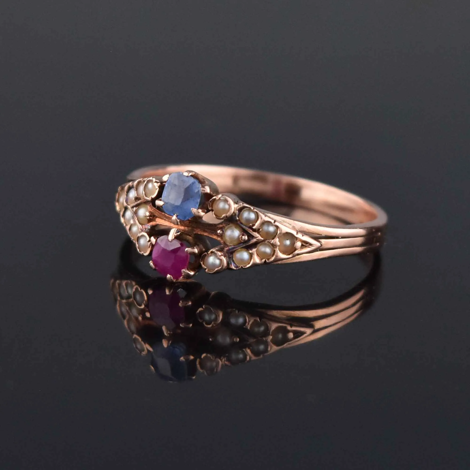 Antique Victorian 14K Rose Gold Pearl Ruby Sapphire Ring