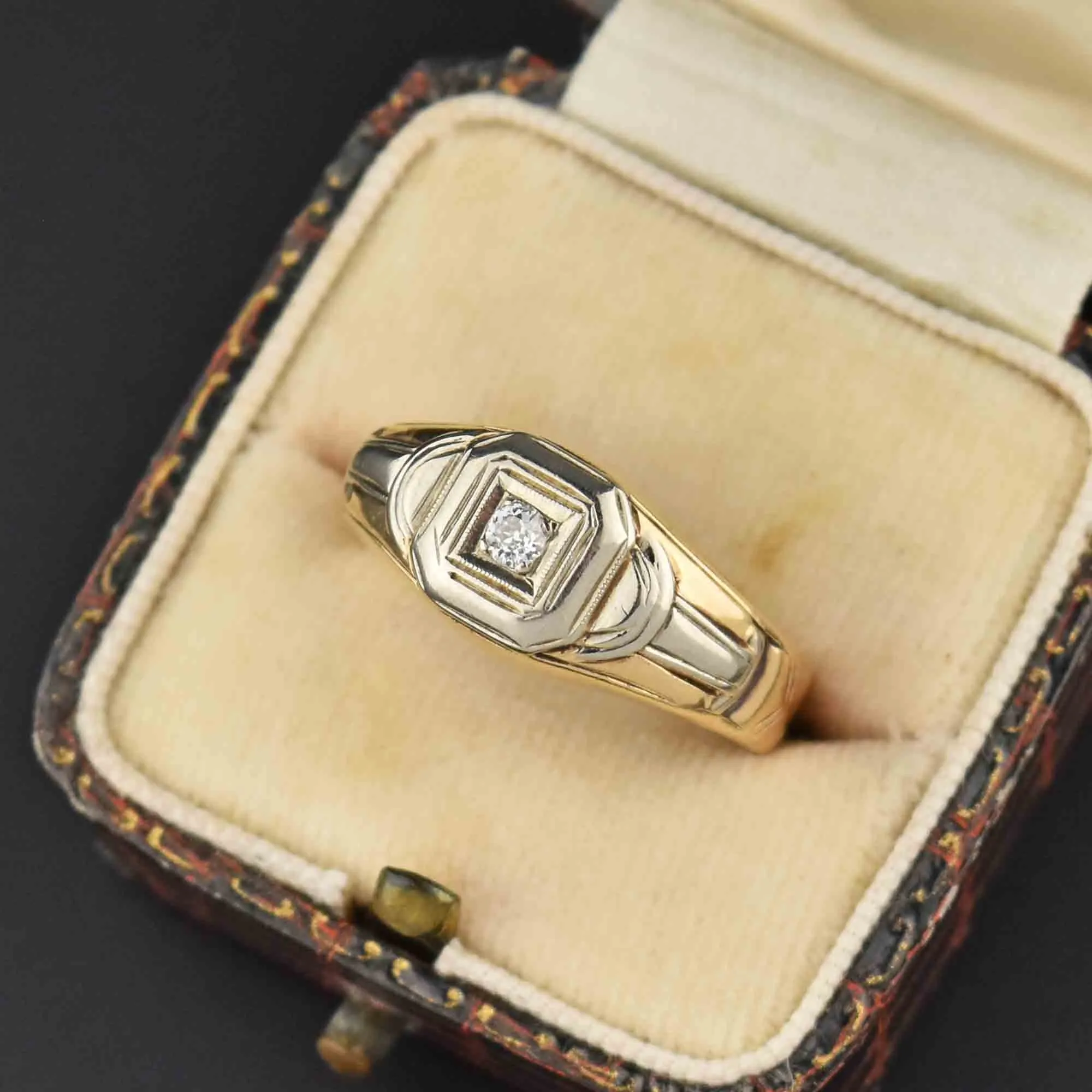 Art Deco Diamond Solitaire Wide Gold Band Ring - ON HOLD