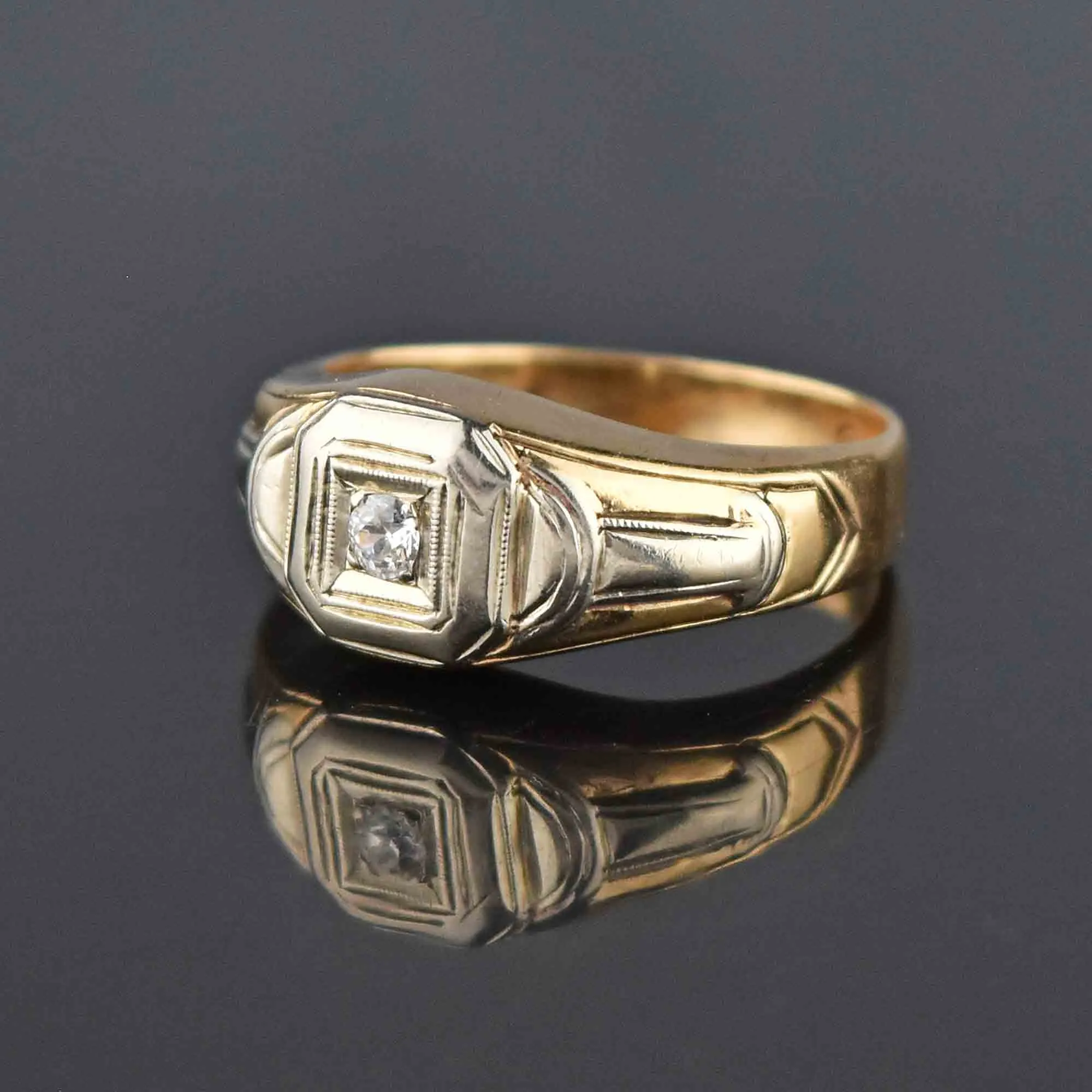 Art Deco Diamond Solitaire Wide Gold Band Ring - ON HOLD