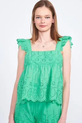 Bailee Ruffle Sleeve Hem Eyelet Top