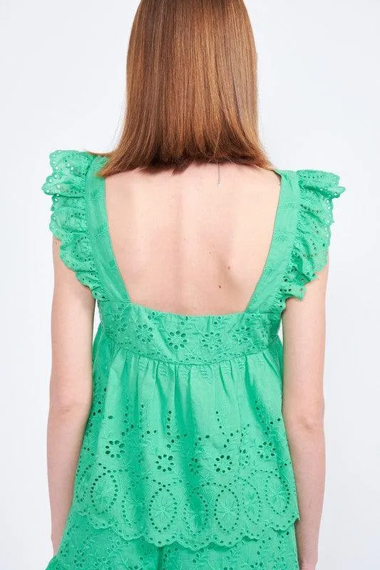 Bailee Ruffle Sleeve Hem Eyelet Top