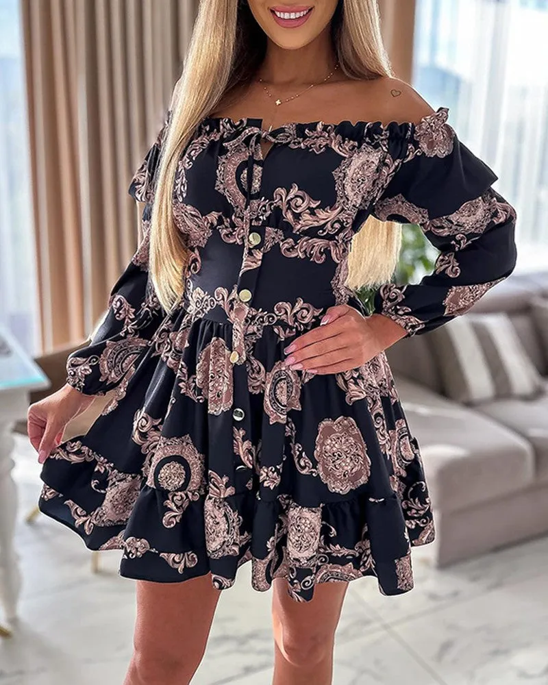 Baroque Print Frill Hem Tied Detail Dress