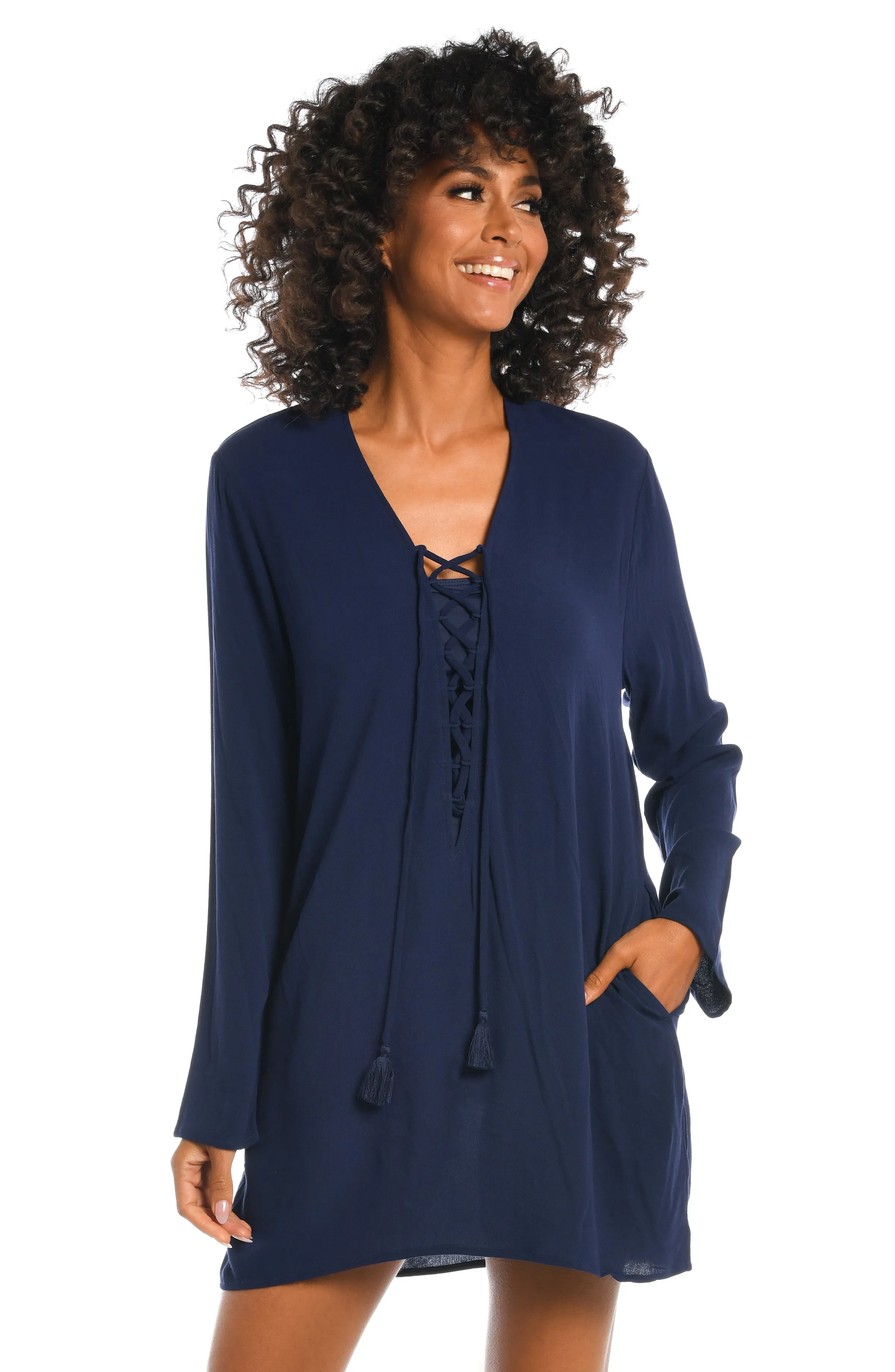 Beachcomber Basics Lace Up V-Neck Tunic - Indigo