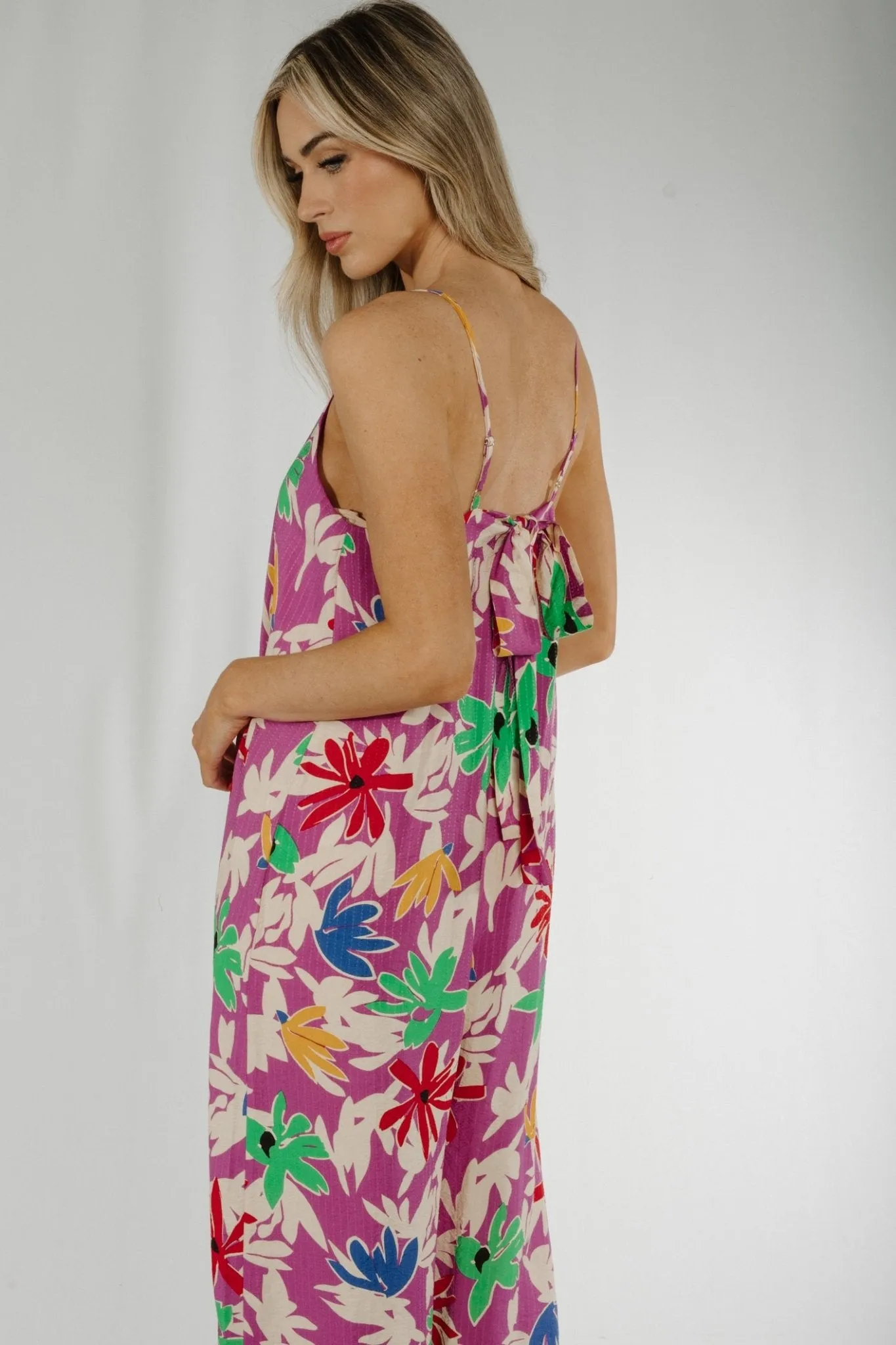 Becca Tie Back Jumpsuit In Purple Floral