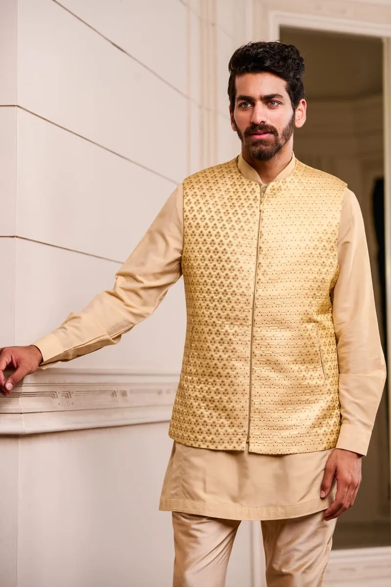 Beige Brocade Kurta Bundi Set