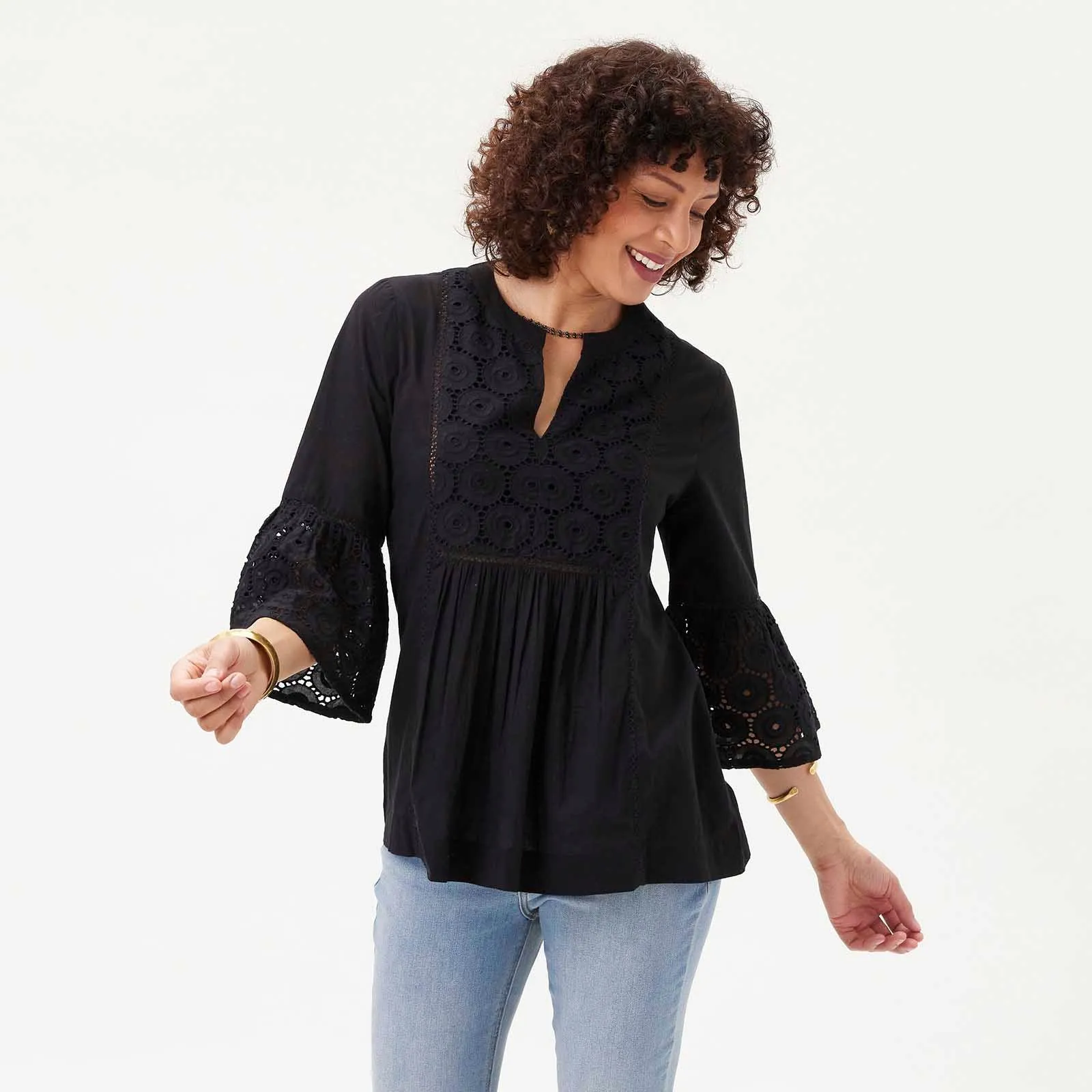 Black Eyelet Tunic with Bell Sleeve