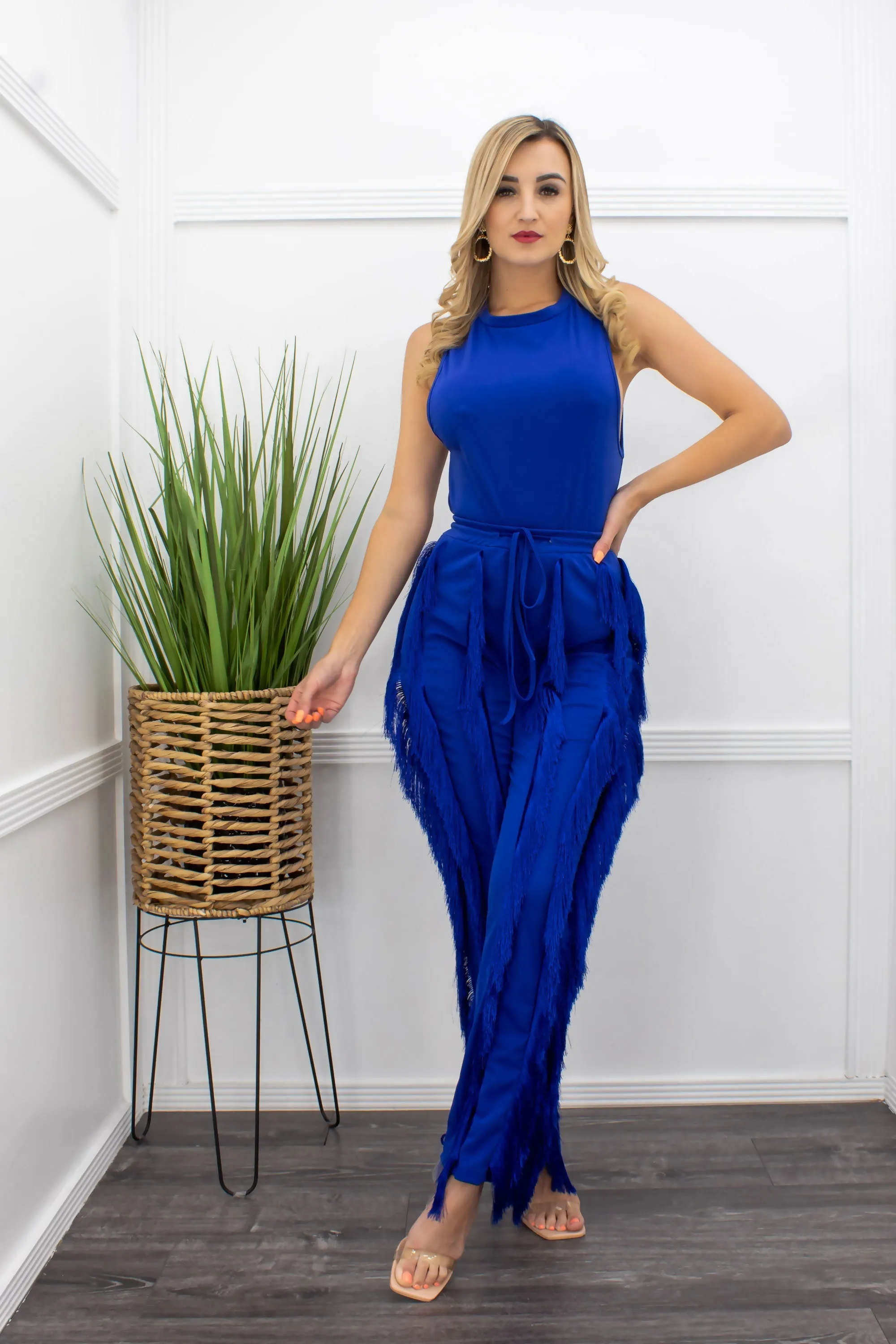 Blue Body Fringe Pant Set