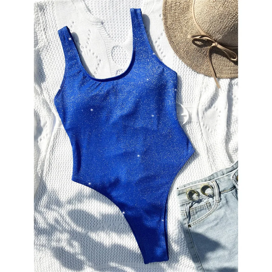 Blue Sexy Glitter Sparkling Lace Up One Piece Swimsuit