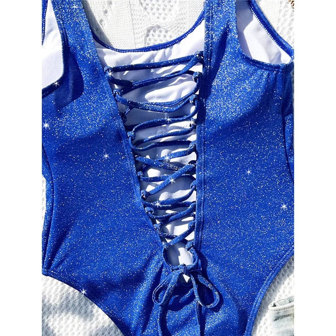 Blue Sexy Glitter Sparkling Lace Up One Piece Swimsuit