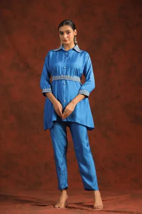 Bright Blue Hand Embroidered Dola Silk Co-ord Set