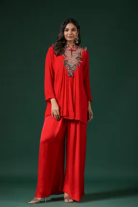 Bright Red Embroidered Premium Silk Co-Ord Set