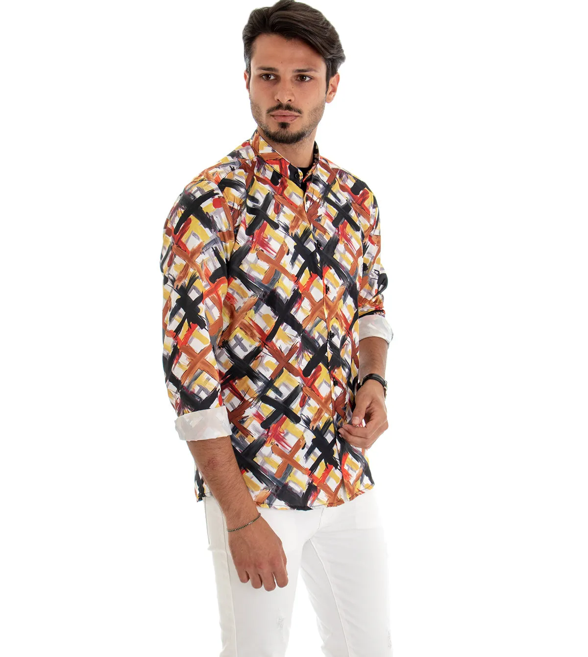 Camicia Uomo Collo Coreano Manica Lunga Cotone Viscosa Multicolore GIOSAL-C1674A