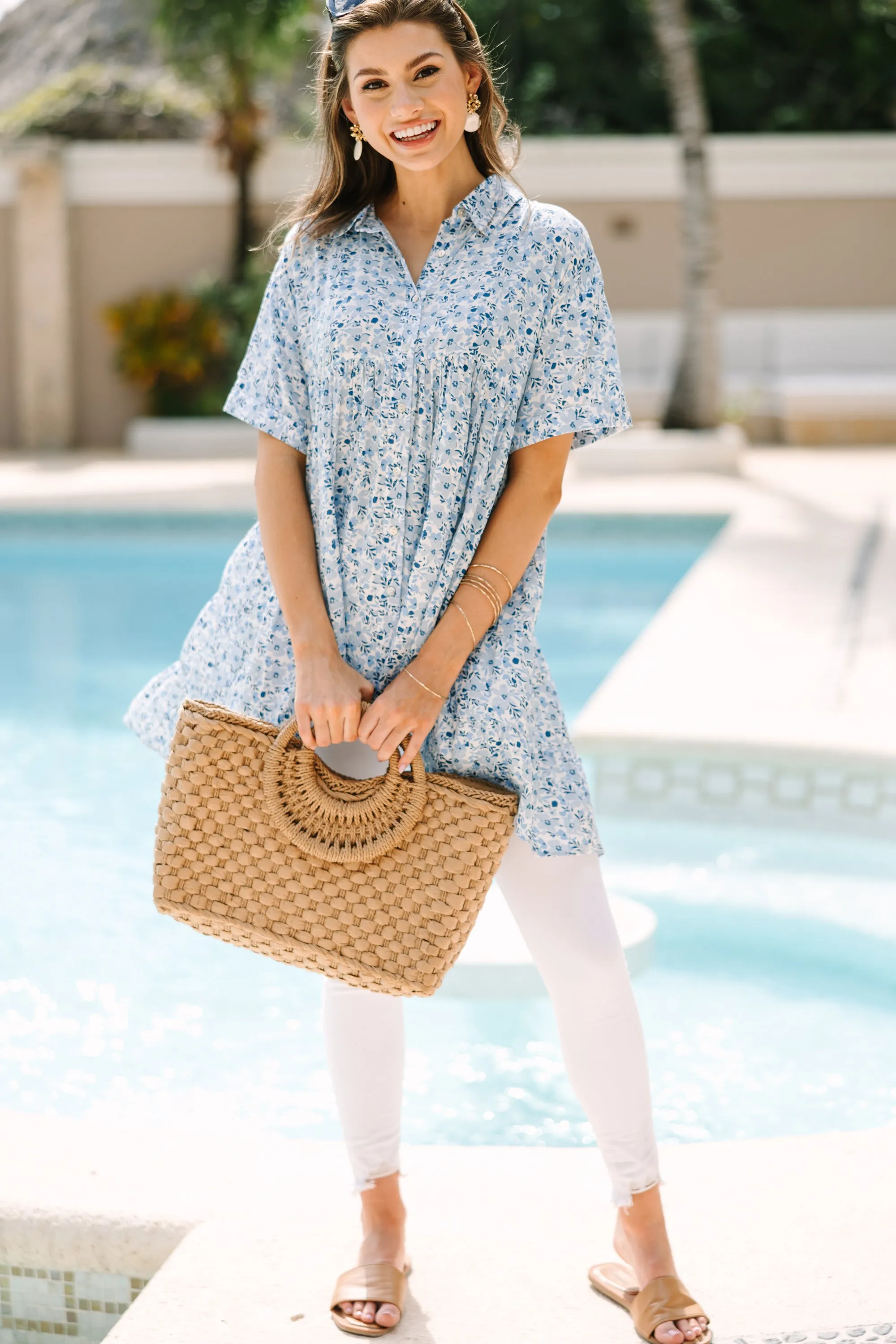 Can't Leave You Behind Blue Floral Tunic