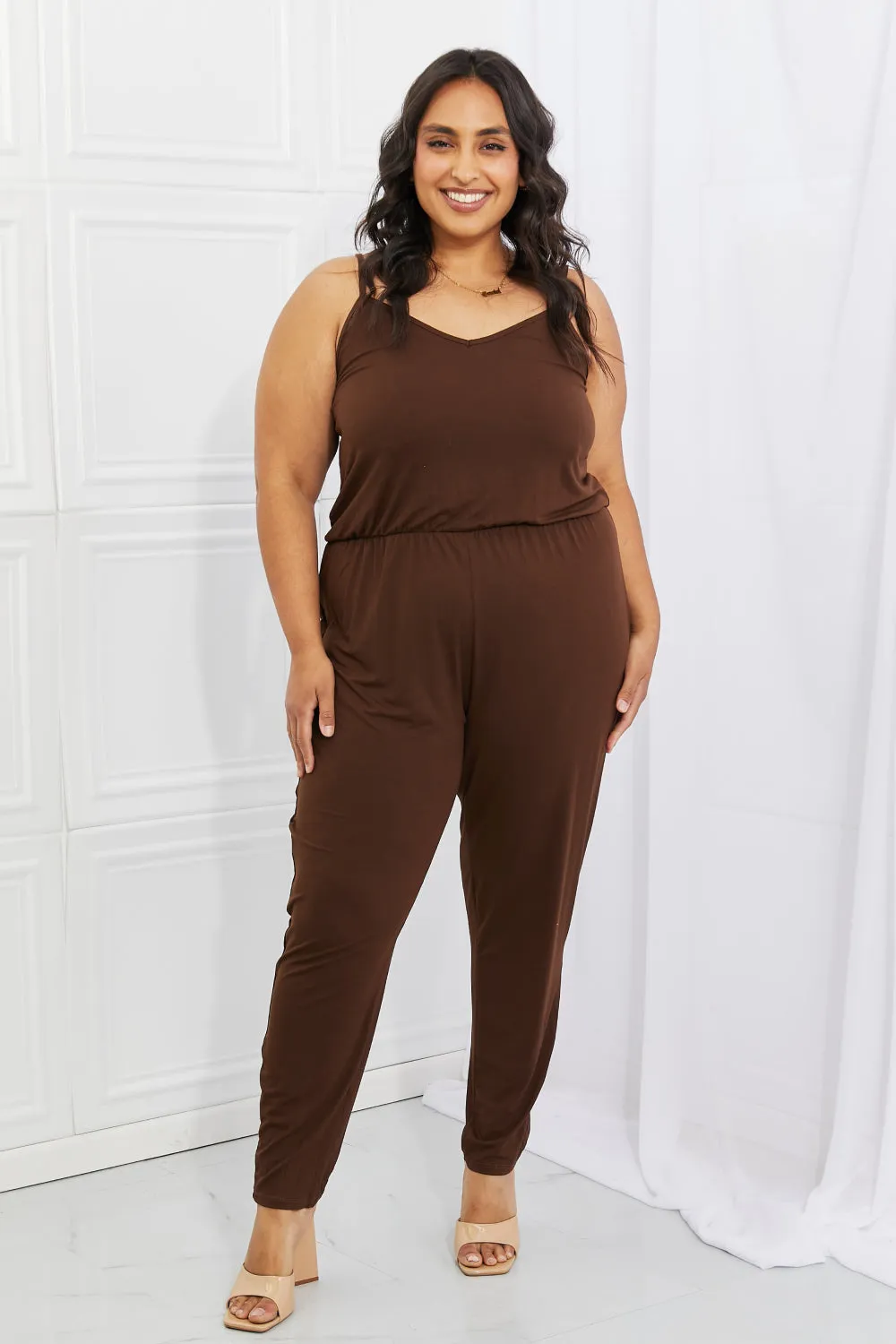 Capella Comfy Casual Plus Size Solid Elastic Waistband Jumpsuit in Chocolate