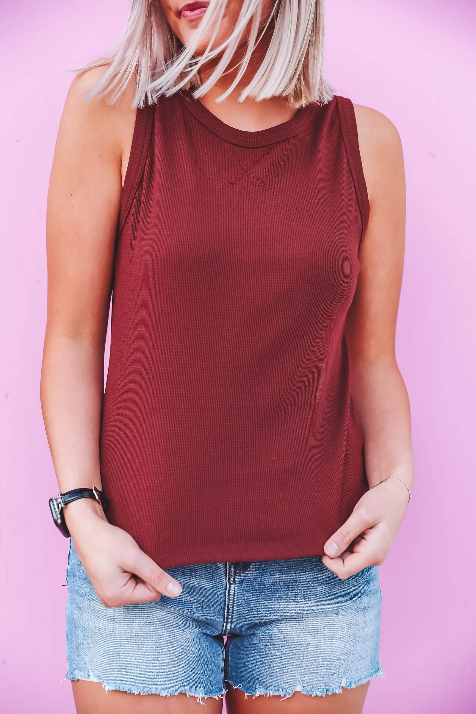 Cara Waffle Knit Tank-Burl Wood