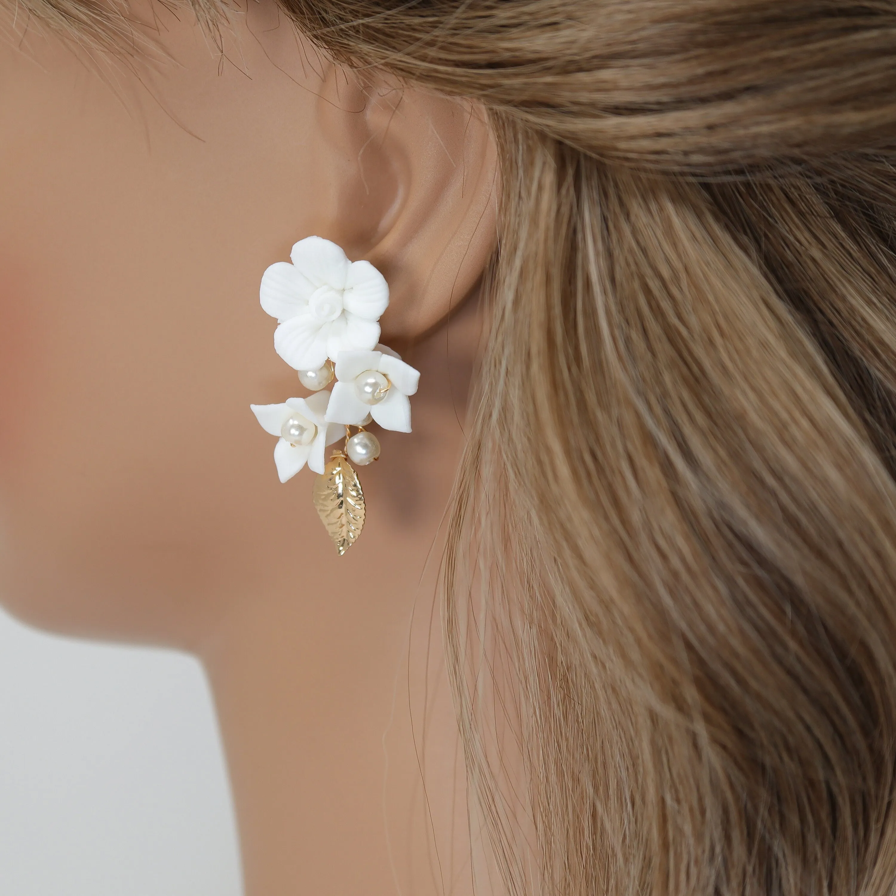 Ceramic Rosette White Flower Faux Pearl Vine Leaves Earrings, Long Bridal Jewelry Crystal Bridal Earrings Statement Earrings