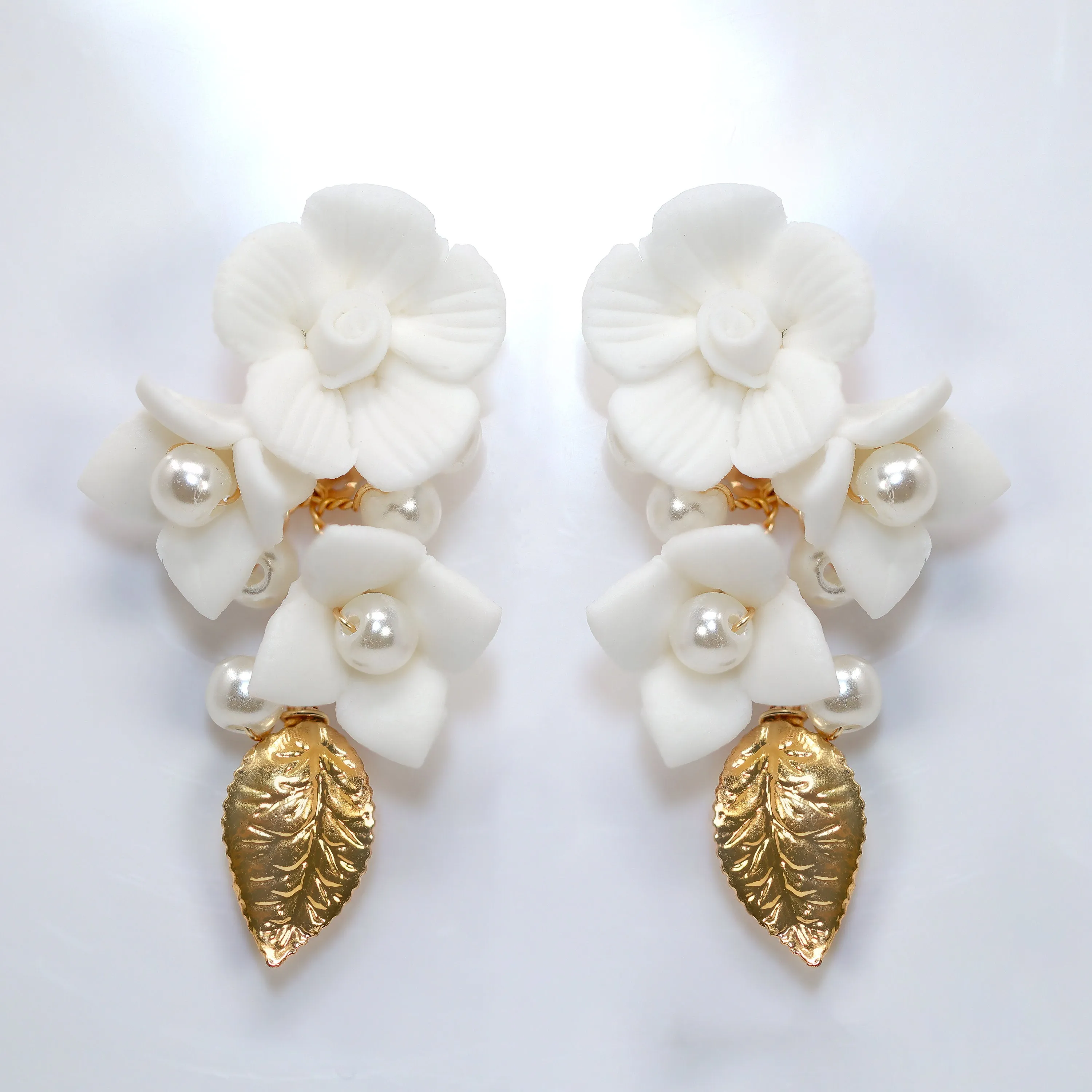 Ceramic Rosette White Flower Faux Pearl Vine Leaves Earrings, Long Bridal Jewelry Crystal Bridal Earrings Statement Earrings