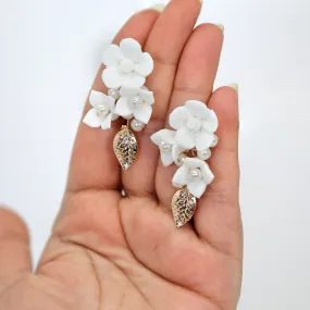 Ceramic Rosette White Flower Faux Pearl Vine Leaves Earrings, Long Bridal Jewelry Crystal Bridal Earrings Statement Earrings