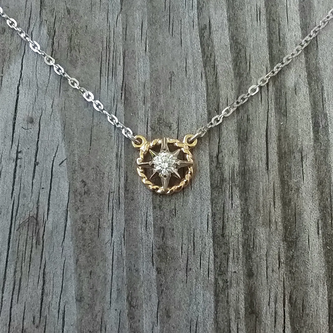 Compass Rose Petite 14K Two-Tone Gold Rope Rim and Diamond Necklace